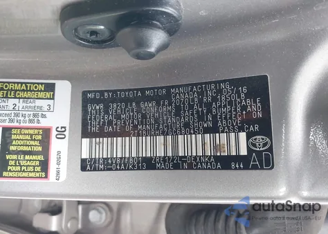 2016 Toyota Corolla Le from USA, damaged, VIN 2T1BURHE7GC680450